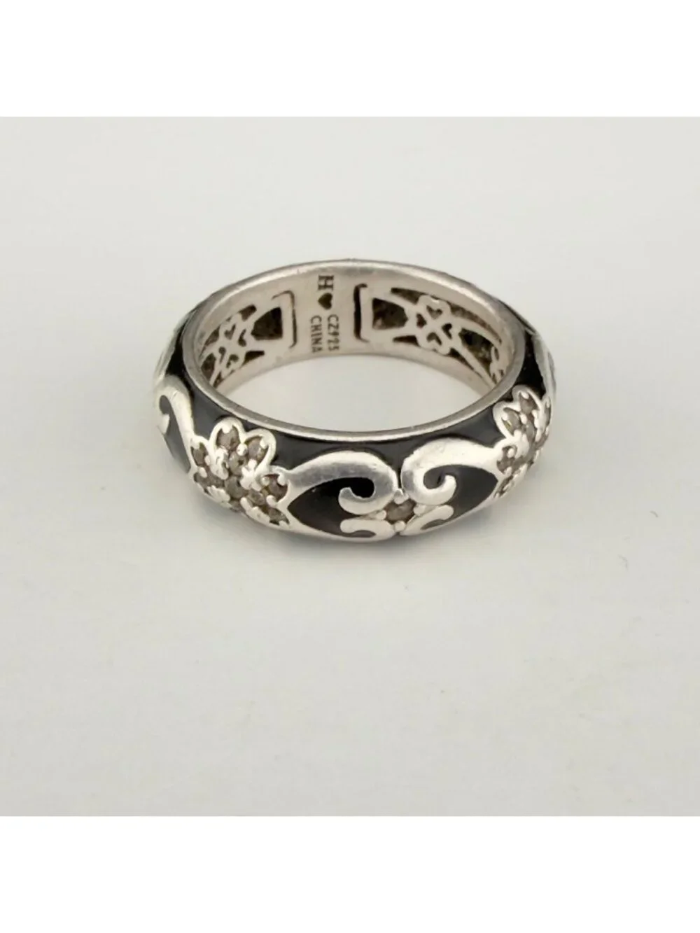 Hidalgo Sterling Silver Black Enamel CZ 925 Band Ring Size 7
